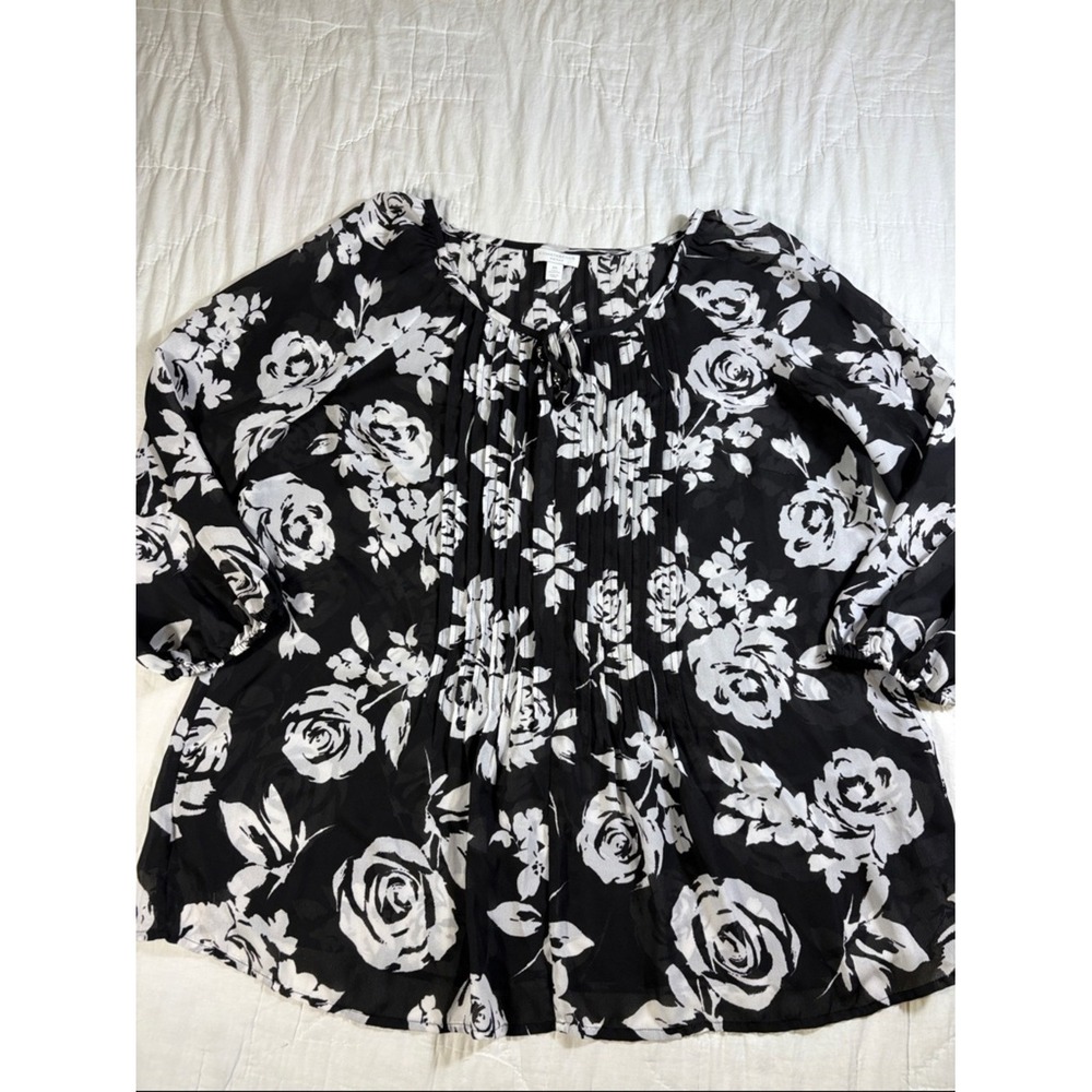 Charter Club Woman Black White Floral Pleated Tie Neck Blouse 2X Plus Size - Picture 5 of 10